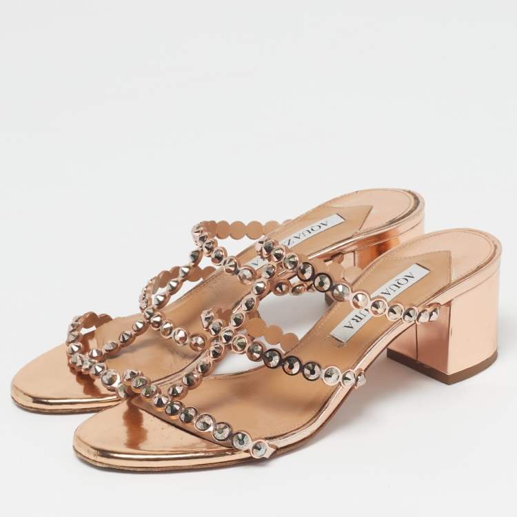 Pre Owned Aquazzura Tequila Size 37 Gold Leather Slide Sandals