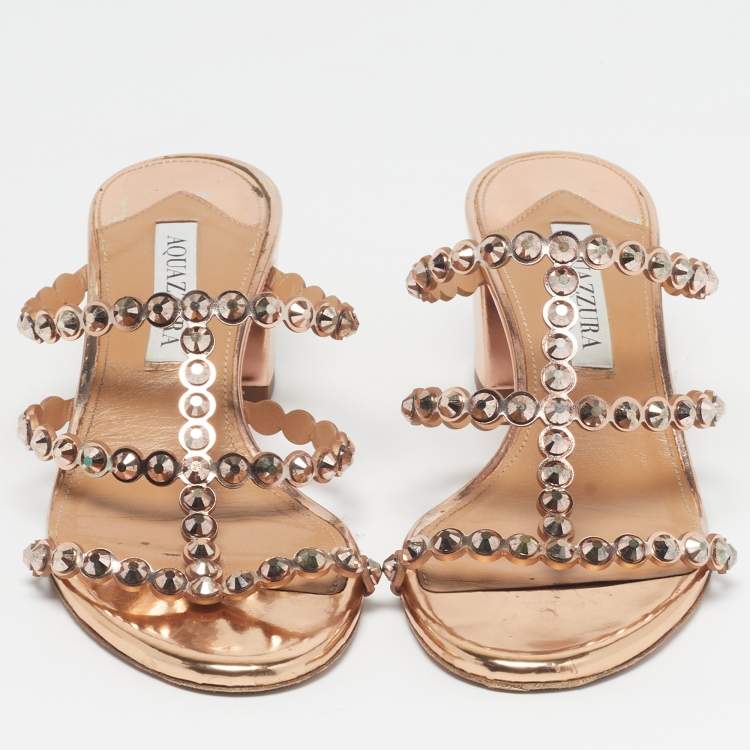 Pre Owned Aquazzura Tequila Size 37 Gold Leather Slide Sandals