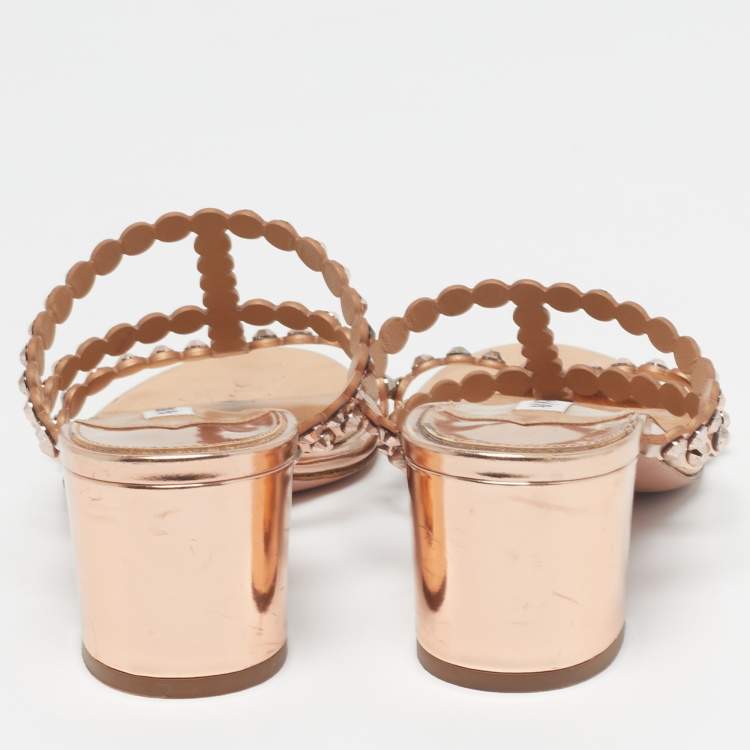 Pre Owned Aquazzura Tequila Size 37 Gold Leather Slide Sandals