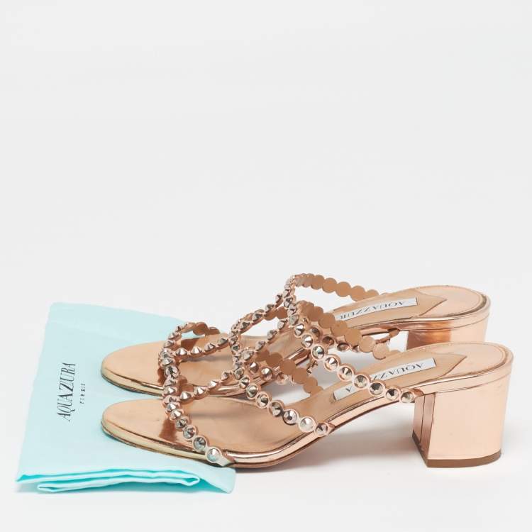 Pre Owned Aquazzura Tequila Size 37 Gold Leather Slide Sandals