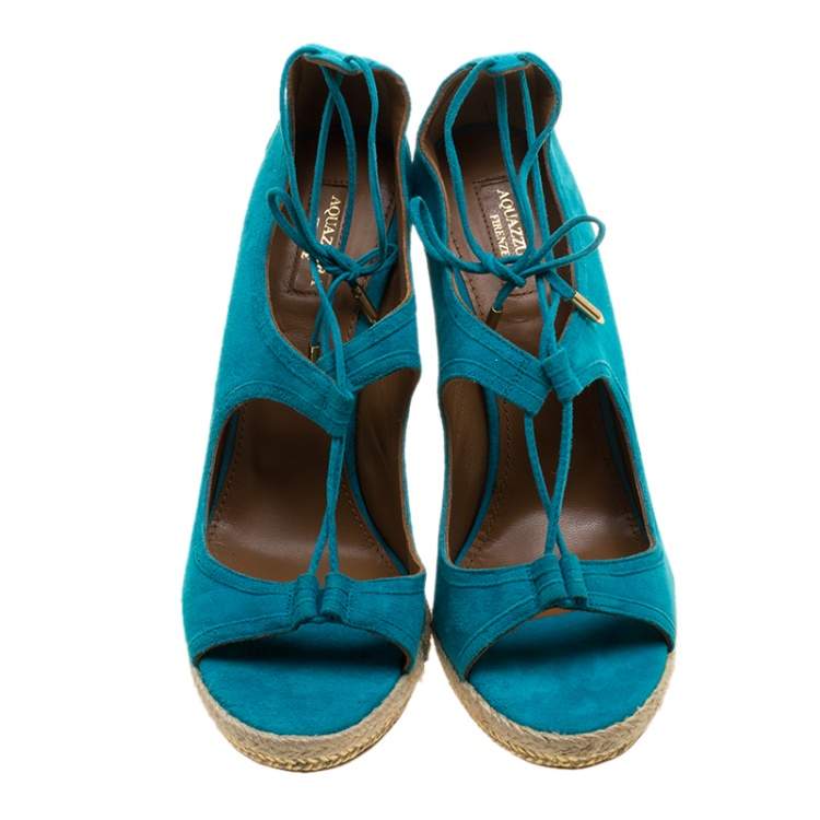 Pre Owned Aquazzura Turquoise Blue Suede Christie Wedge Espadrille Lace Up Open Toe Sandals Size 41