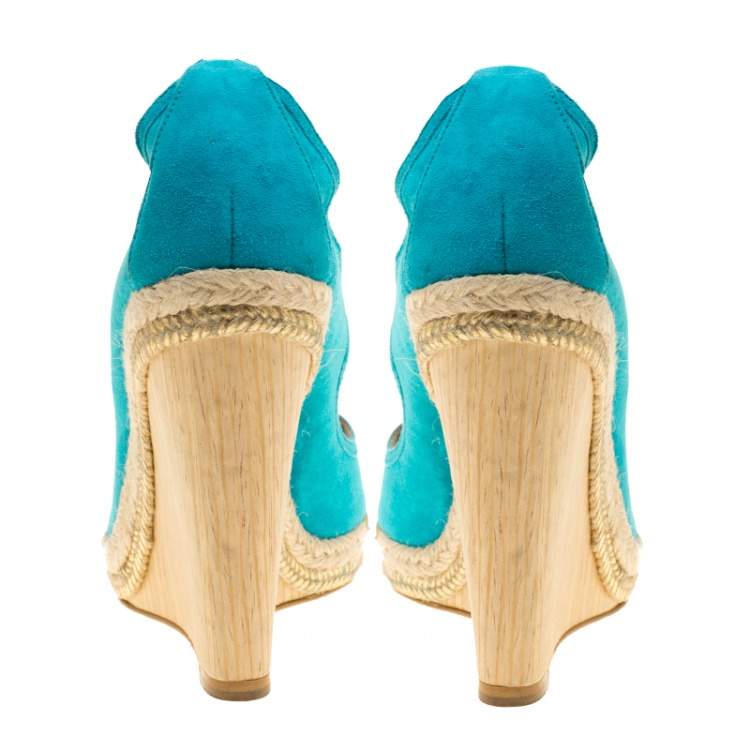 Pre Owned Aquazzura Turquoise Blue Suede Christie Wedge Espadrille Lace Up Open Toe Sandals Size 41