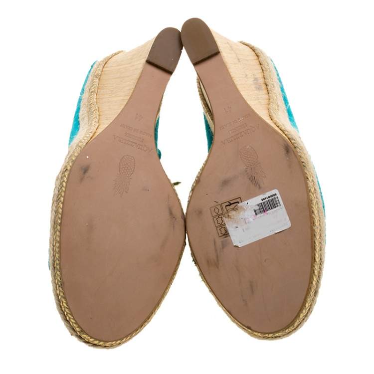Pre Owned Aquazzura Turquoise Blue Suede Christie Wedge Espadrille Lace Up Open Toe Sandals Size 41
