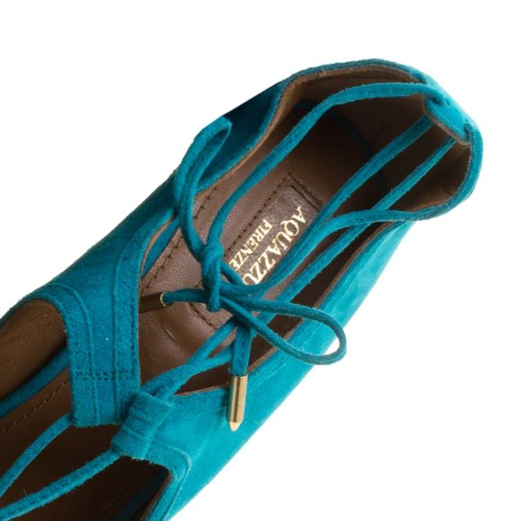 Pre Owned Aquazzura Turquoise Blue Suede Christie Wedge Espadrille Lace Up Open Toe Sandals Size 41
