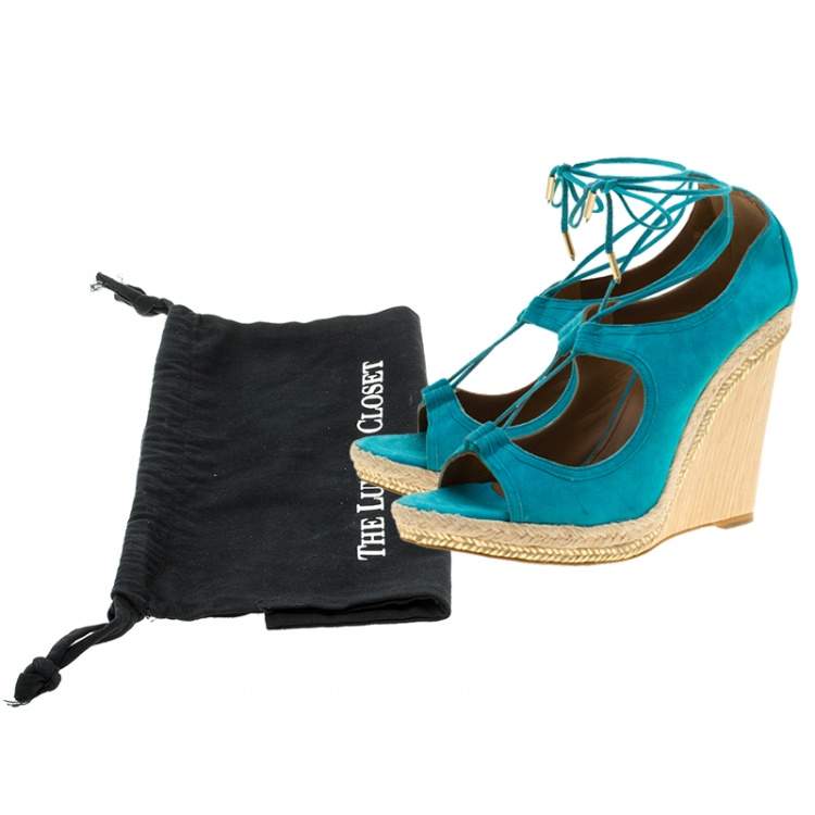 Pre Owned Aquazzura Turquoise Blue Suede Christie Wedge Espadrille Lace Up Open Toe Sandals Size 41