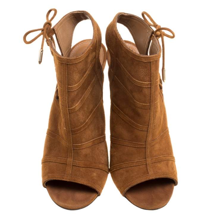 Pre Owned Aquazzura Brown Suede Oui Baby Peep Toe Booties Size 36