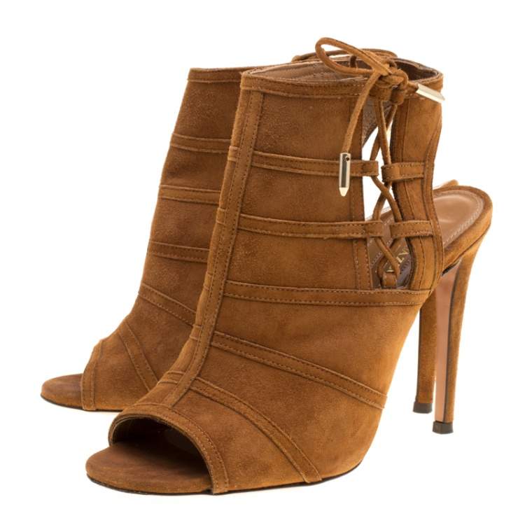 Pre Owned Aquazzura Brown Suede Oui Baby Peep Toe Booties Size 36