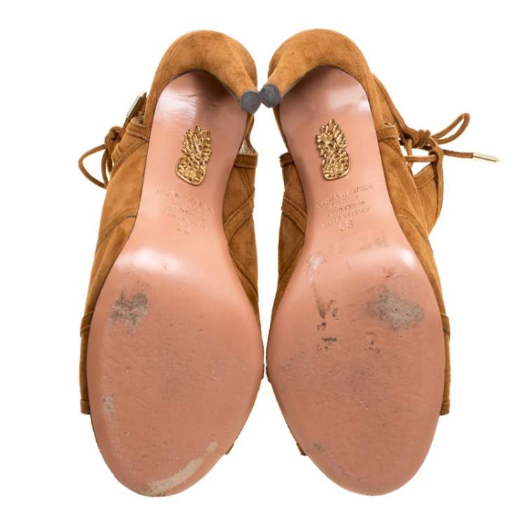 Pre Owned Aquazzura Brown Suede Oui Baby Peep Toe Booties Size 36