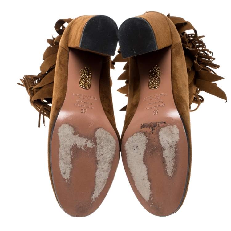 Pre Owned Aquazzura Cognac Brown Suede Woodstock Fringe Detail Ankle Boots Size 37