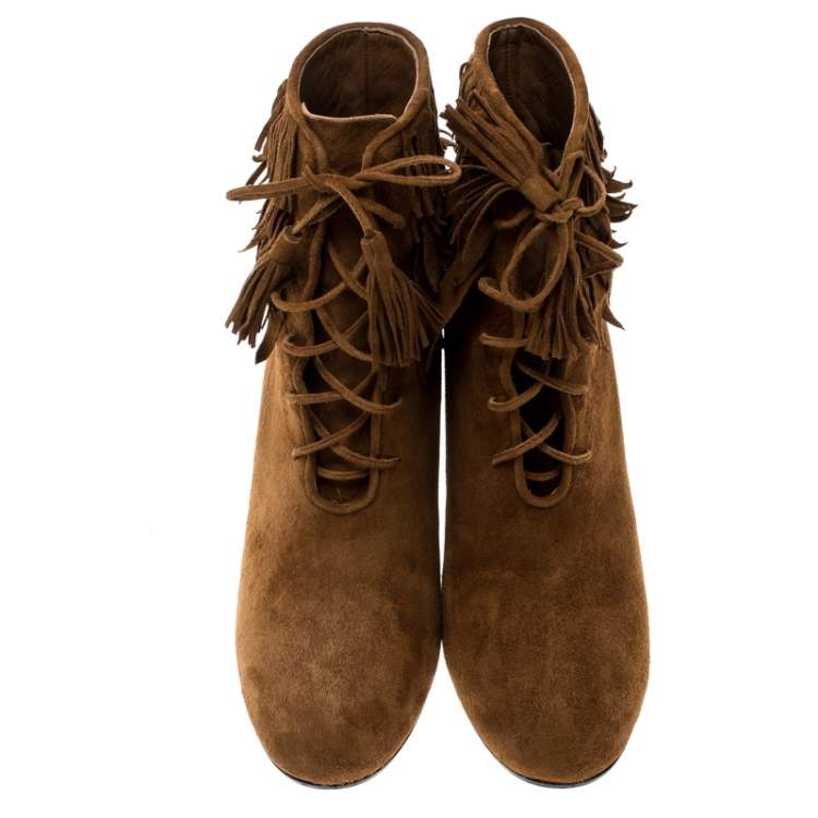 Pre Owned Aquazzura Cognac Brown Suede Woodstock Fringe Detail Ankle Boots Size 37