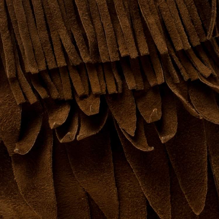 Pre Owned Aquazzura Cognac Brown Suede Woodstock Fringe Detail Ankle Boots Size 37