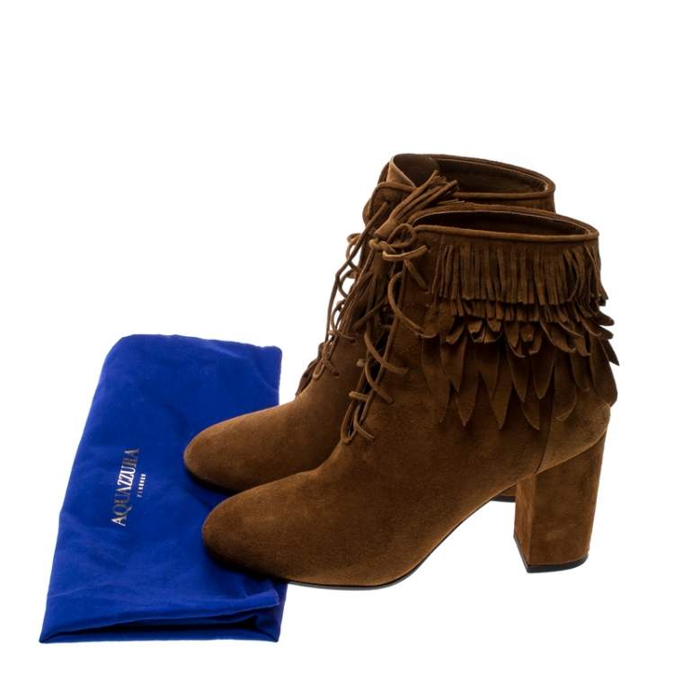 Pre Owned Aquazzura Cognac Brown Suede Woodstock Fringe Detail Ankle Boots Size 37