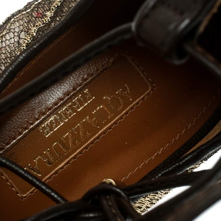 مملوكة مسبقًا Aquazzura Gold/Brown Lace Christy Lace Up Pointed Toe Flats Size 37