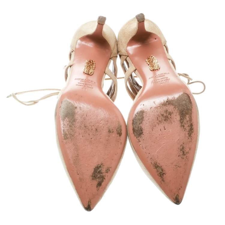 Pre Owned Aquazzura Beige Suede Belgravia Lace Up Pointed Toe Pumps 41