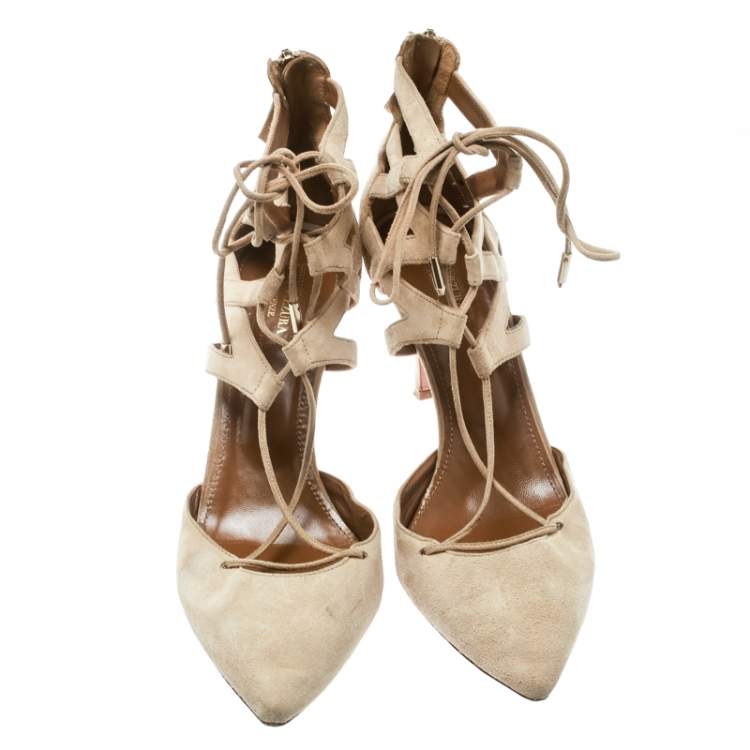 Pre Owned Aquazzura Beige Suede Belgravia Lace Up Pointed Toe Pumps 41