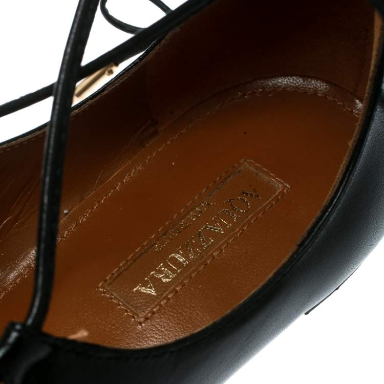 Pre Owned Aquazzura Black Leather Christy Lace Up Pointed Toe Flats Size 37
