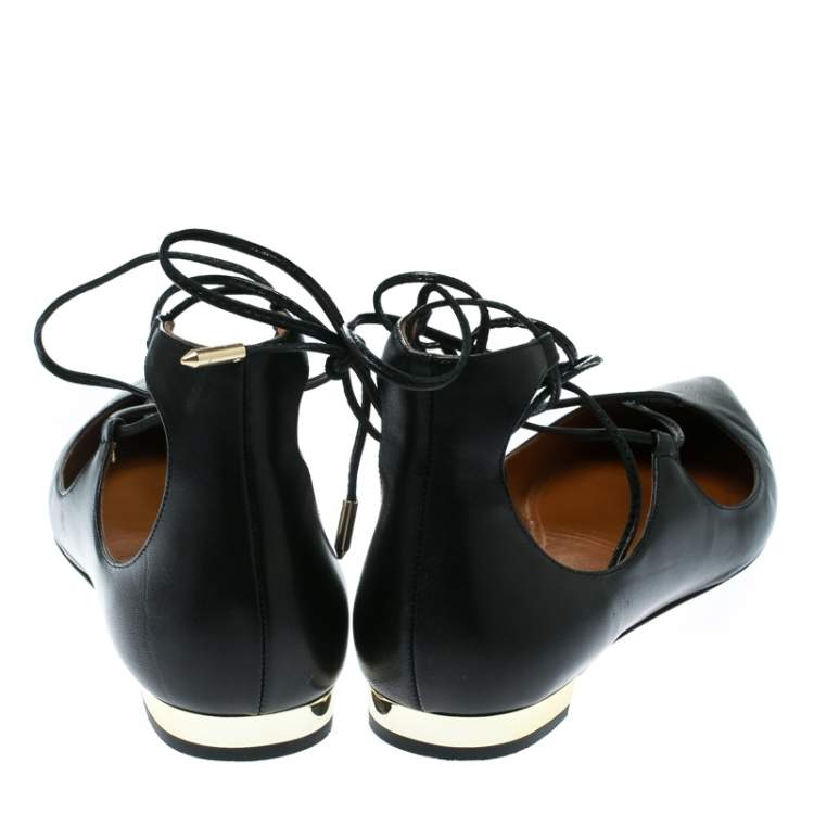 Pre Owned Aquazzura Black Leather Christy Lace Up Pointed Toe Flats Size 37