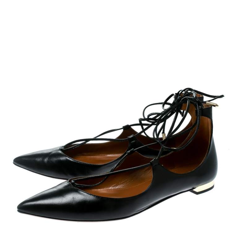 Pre Owned Aquazzura Black Leather Christy Lace Up Pointed Toe Flats Size 37