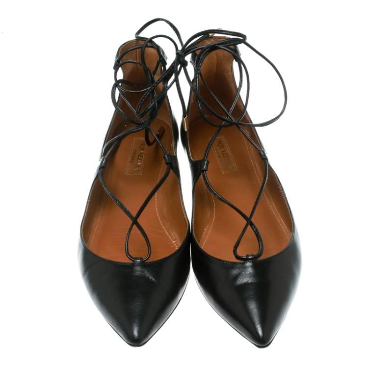 Pre Owned Aquazzura Black Leather Christy Lace Up Pointed Toe Flats Size 37