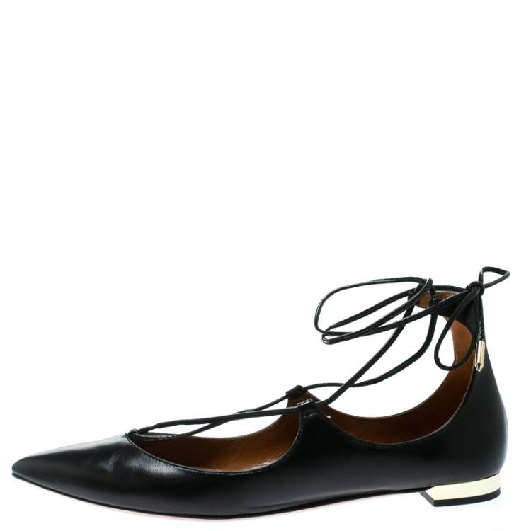 Pre Owned Aquazzura Black Leather Christy Lace Up Pointed Toe Flats Size 37