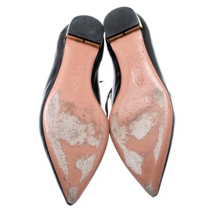 Pre Owned Aquazzura Black Leather Christy Lace Up Pointed Toe Flats Size 37