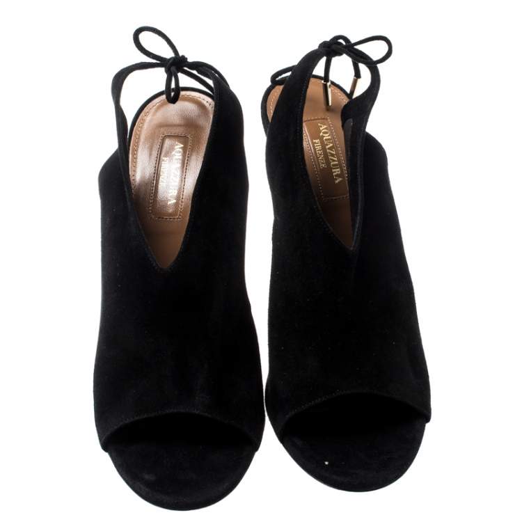 Pre Owned Aquazzura Black Suede Sexy Thing Open Toe Ankle Wrap Sandals Size 39.5