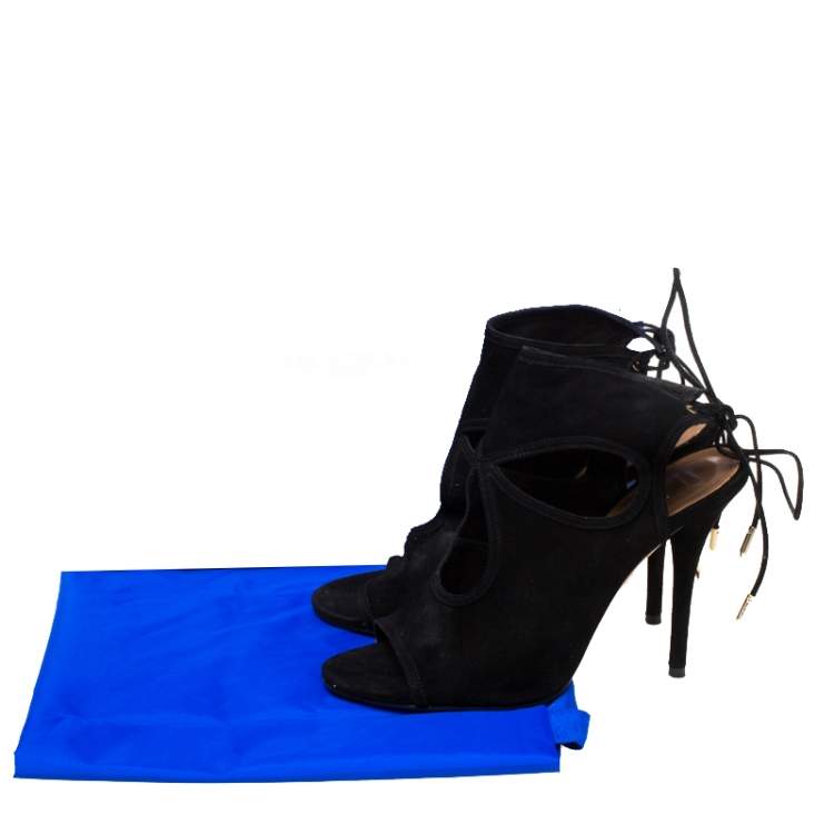 Pre Owned Aquazzura Black Cutout Suede Sexy Thing Peep Toe Sandals Size 37.5