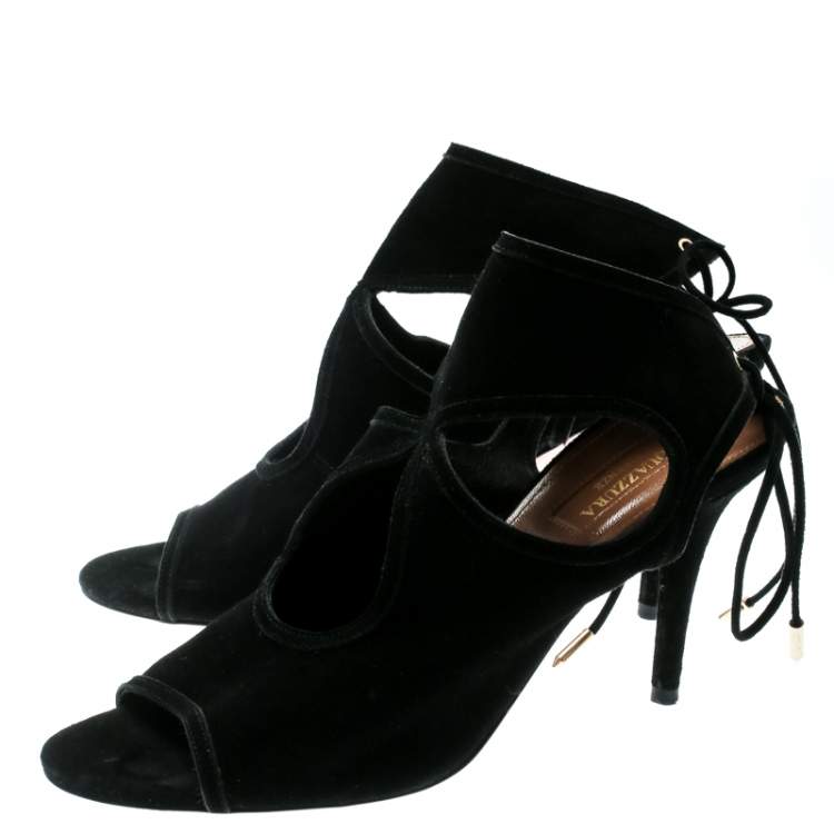 Pre Owned Aquazzura Black Cutout Suede Sexy Thing Peep Toe Sandals Size 37.5