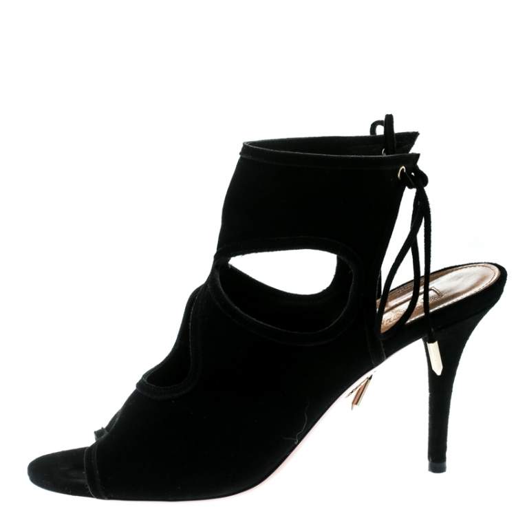 Pre Owned Aquazzura Black Cutout Suede Sexy Thing Peep Toe Sandals Size 37.5