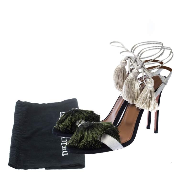 Pre Owned Aquazzura White Suede Johanna Ortiz Tassel Ankle Wrap Sandals Size 36.5