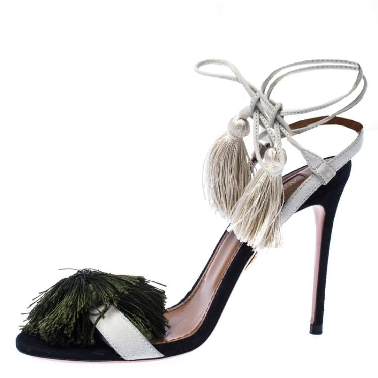 Pre Owned Aquazzura White Suede Johanna Ortiz Tassel Ankle Wrap Sandals Size 36.5