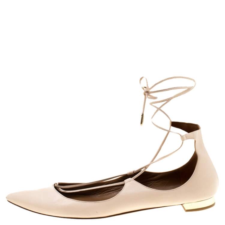 Pre Owned Aquazzura Beige Leather Christie Ankle Wrap Pointed Toe Flats Size 37