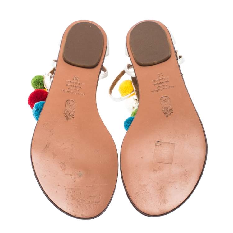 Pre Owned Aquazzura White Leather Pom Pom Flat Sandals Size 38