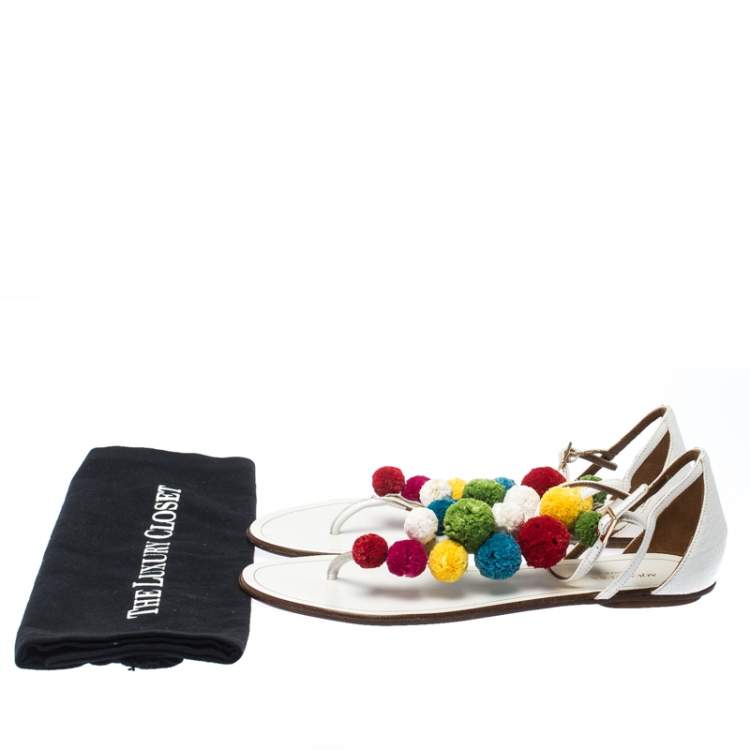 Pre Owned Aquazzura White Leather Pom Pom Flat Sandals Size 38