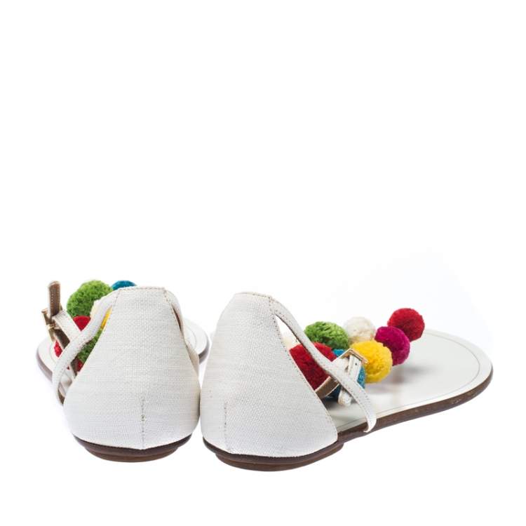 Pre Owned Aquazzura White Leather Pom Pom Flat Sandals Size 38