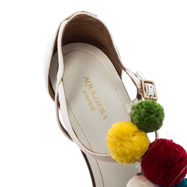 Pre Owned Aquazzura White Leather Pom Pom Flat Sandals Size 38