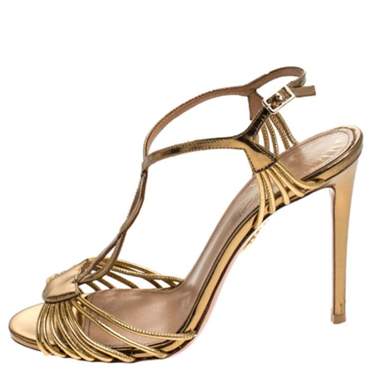 Pre Owned Aquazzura Metallic Gold Leather Josephine Ankle Strap Sandals Size 38