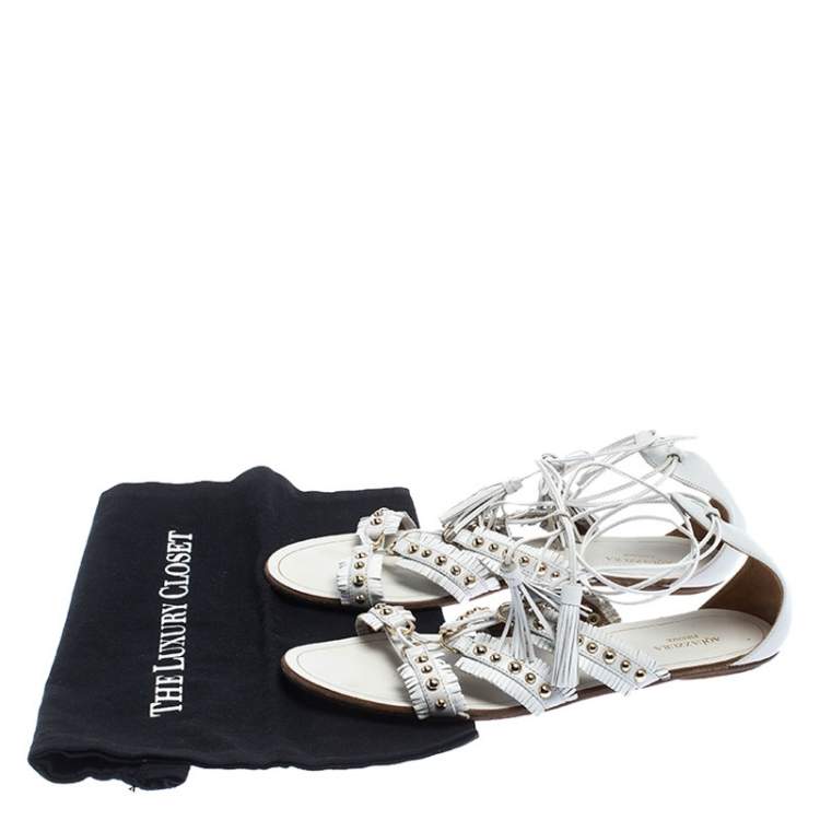 Pre Owned Aquazzura White Studded Leather Tulum Tassel Tie Up Flat Sandals Size 39