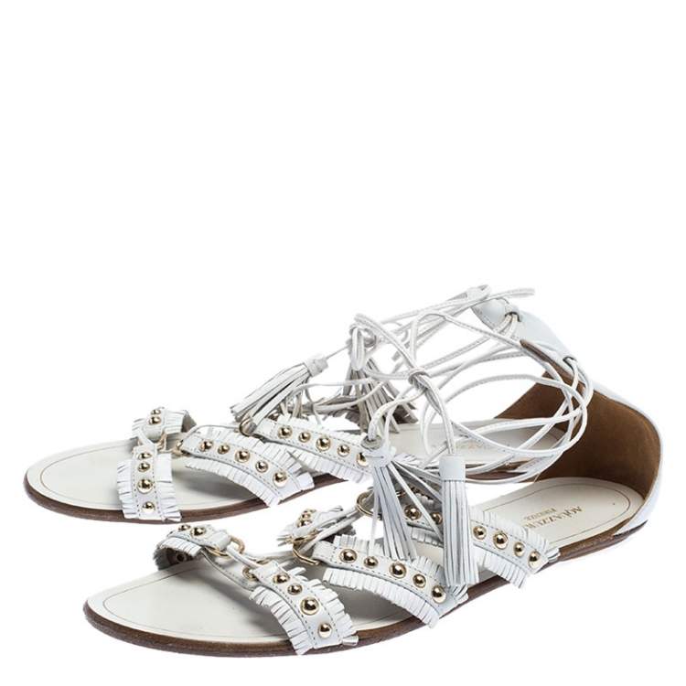 Pre Owned Aquazzura White Studded Leather Tulum Tassel Tie Up Flat Sandals Size 39