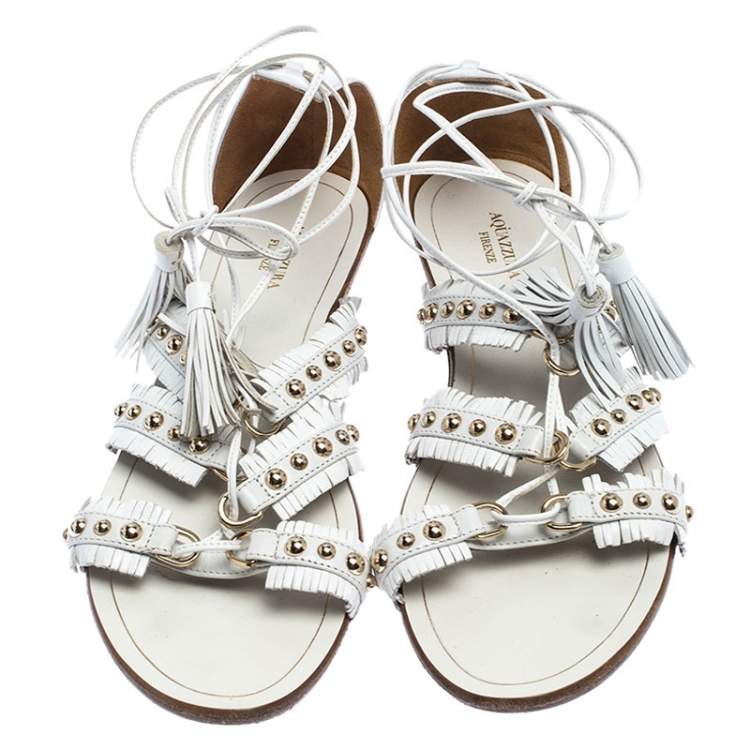 Pre Owned Aquazzura White Studded Leather Tulum Tassel Tie Up Flat Sandals Size 39
