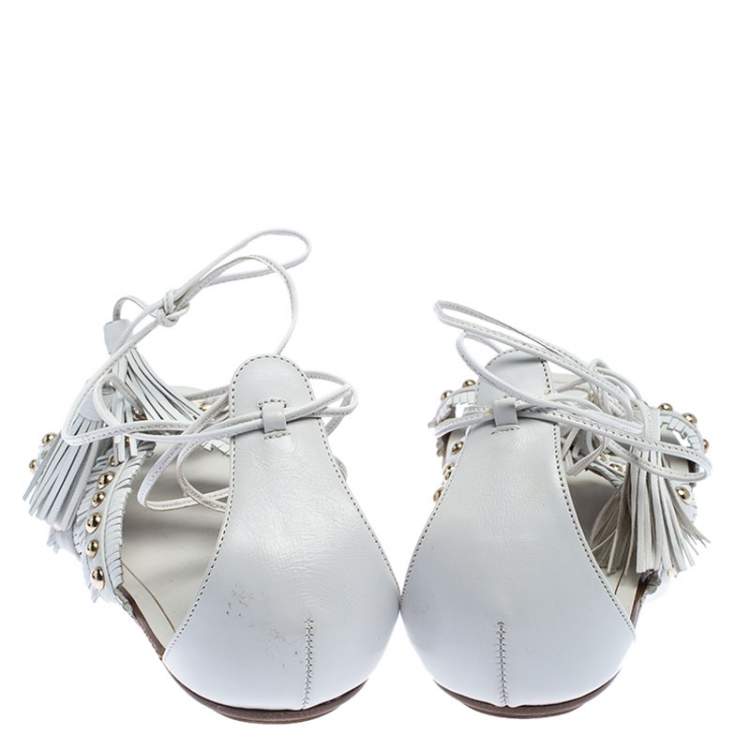Pre Owned Aquazzura White Studded Leather Tulum Tassel Tie Up Flat Sandals Size 39