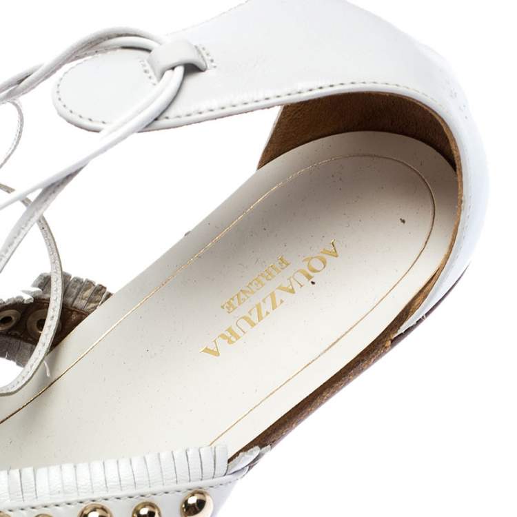 Pre Owned Aquazzura White Studded Leather Tulum Tassel Tie Up Flat Sandals Size 39