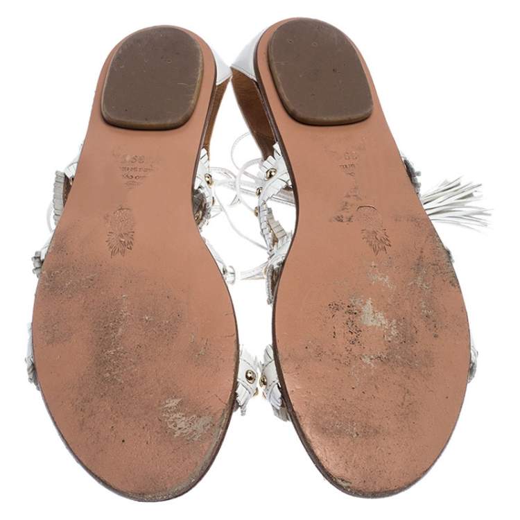 Pre Owned Aquazzura White Studded Leather Tulum Tassel Tie Up Flat Sandals Size 39