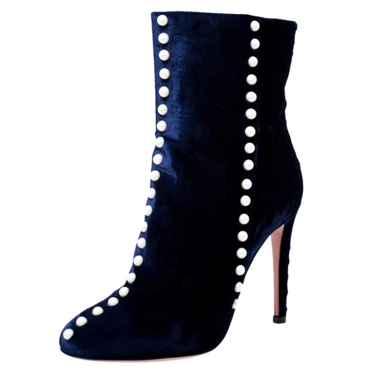 navy blue velvet boots