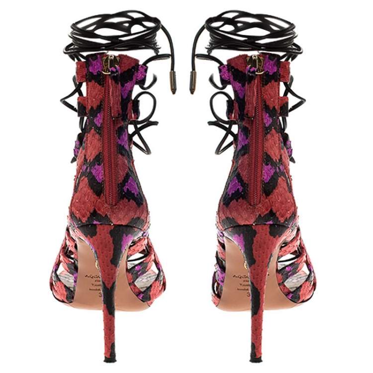 Pre Owned Aquazzura Multicolor Python Leather Elaphe Cut Out Ankle Wrap Sandals Size 37