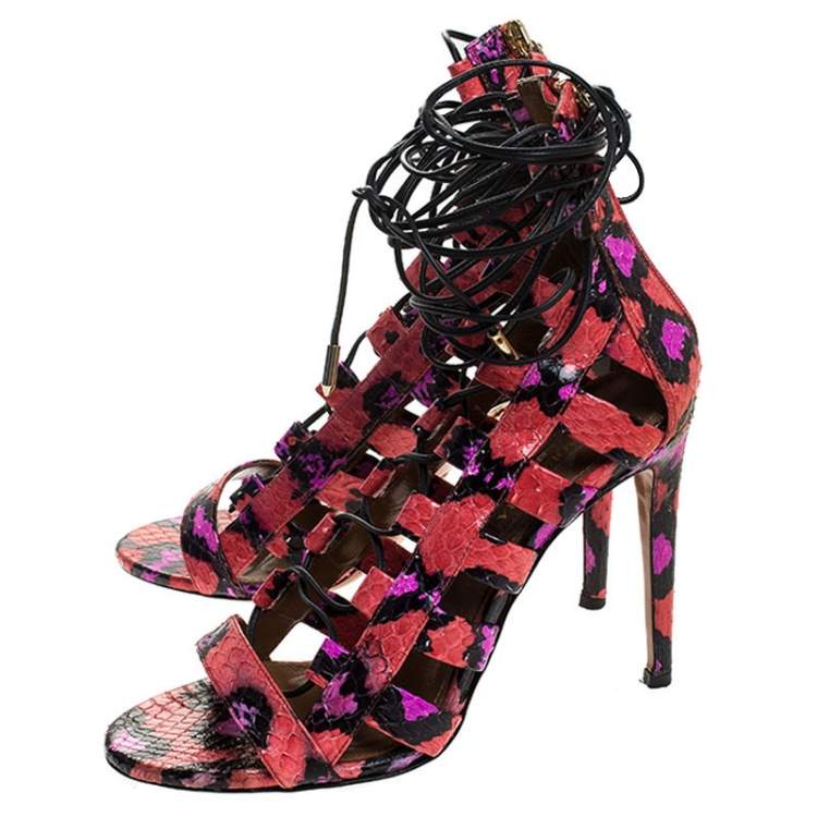 Pre Owned Aquazzura Multicolor Python Leather Elaphe Cut Out Ankle Wrap Sandals Size 37