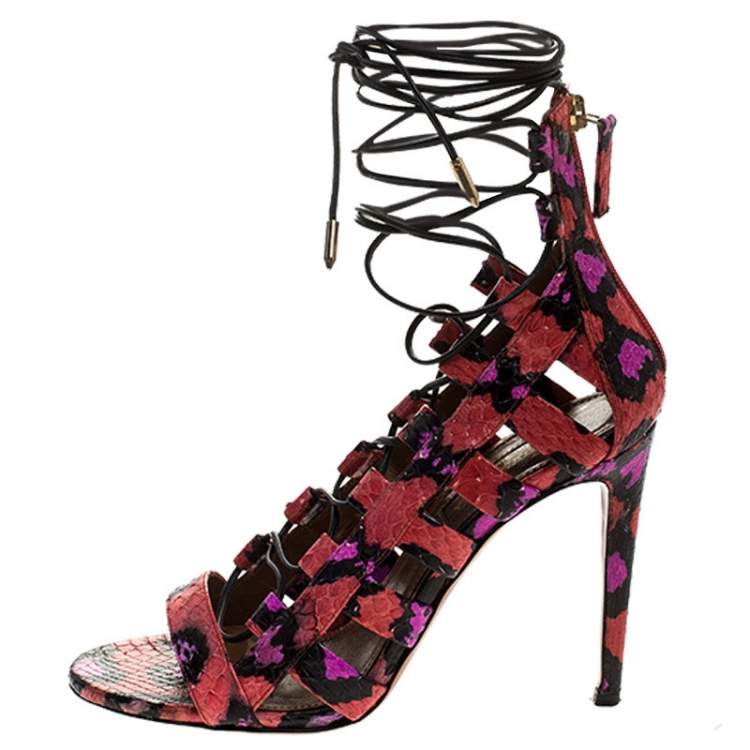 Pre Owned Aquazzura Multicolor Python Leather Elaphe Cut Out Ankle Wrap Sandals Size 37