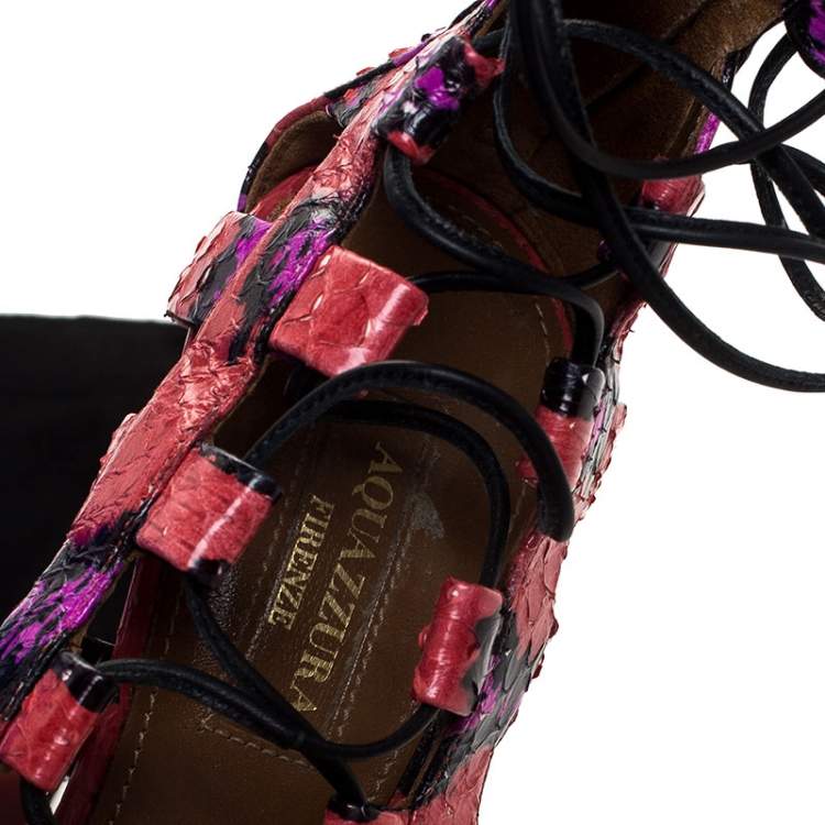 Pre Owned Aquazzura Multicolor Python Leather Elaphe Cut Out Ankle Wrap Sandals Size 37