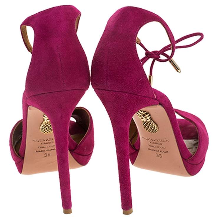 Pre Owned Aquazzura Fuschia Pink Suede Platform Ankle Wrap Sandals Size 38