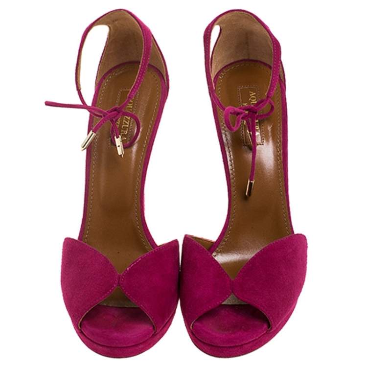 Pre Owned Aquazzura Fuschia Pink Suede Platform Ankle Wrap Sandals Size 38